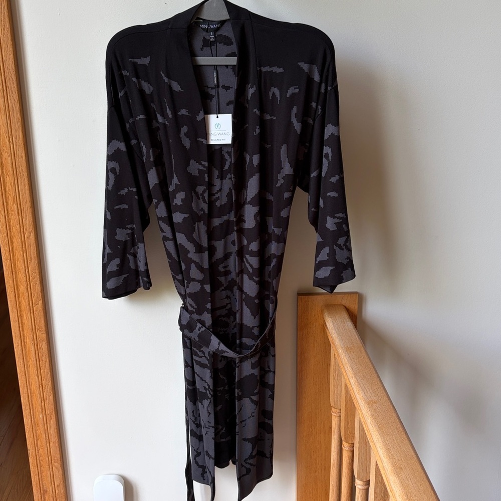 Ming Wang Long Knit Cardigan Duster Gray Black Intarsia Small NWT